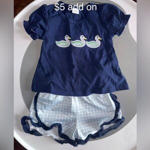 Navy Duck Embroidered Top and Gingham Shorts Set, Ruffles